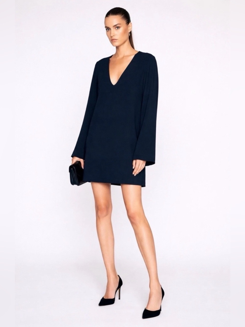 Helmut Lang Black Deep V-Neck Silk Lined Wide Sleeve Shift Dress Size Small